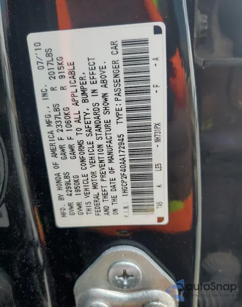 2010 Honda Accord Lxp из США, поврежденный, VIN 1HGCP2F40AA172945